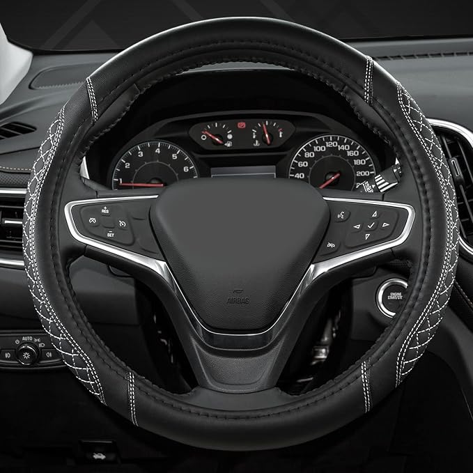 West Llama Customized Auto Car Steering Wheel Cover for Toyota Rav4 Corolla Camry Highlander (Diamond Quilted-Black+Gray-Standard Size)