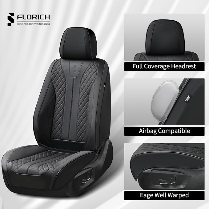 FLORICH Leather Seat Covers Full Set Automotive Seat Covers Black Car Seat Covers Waterproof Front and Back Seat Covers Car Seat Cushion Protector Universal Fit for Most Cars SUV Trucks, Black