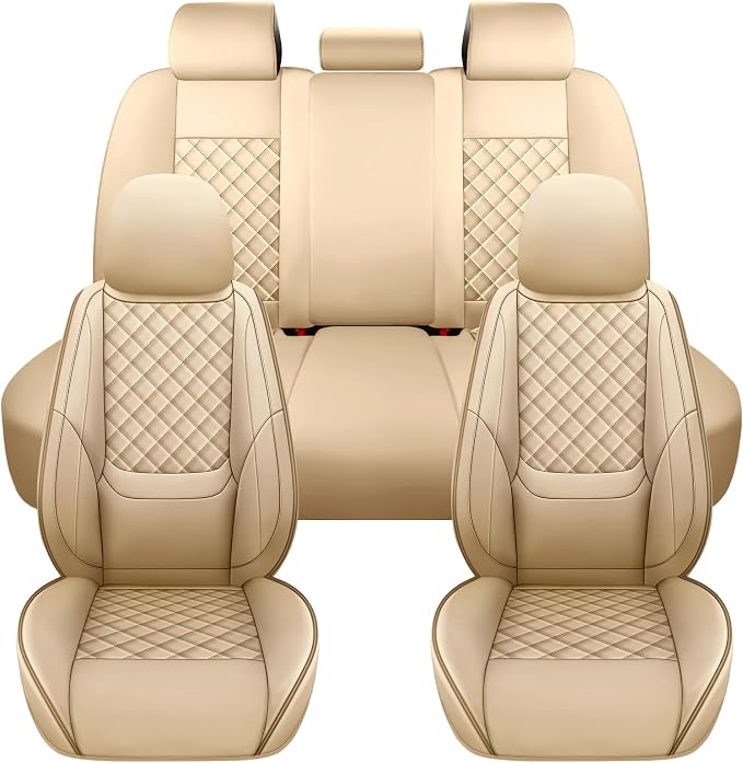 Full Coverage Leather Car Seat Covers Full Set,Waterproof Seat Covers for Cars,SUVs Trucks, Car Seat Cushion,Car Seat Protector with 5 Seats (Beige, Full Set(Front and Rear-5 Seats))