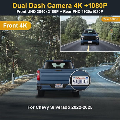 Fitcamx Front 4K+Rear 1080P Dash Cam Adapts for Chevy Silverado (HD2-4925, has 8 Vents) 2022-2025 & EV, OEM Look, Dual HD Video, Built-in WiFi & APP, Loop Recording, G-Sensor, Easy to Set, 128GB Card
