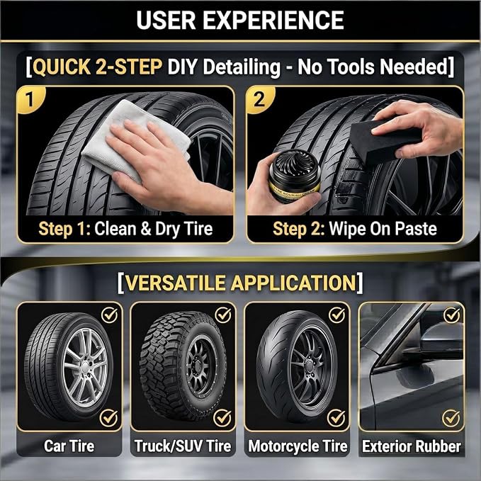Tyre Nourish Cream, Long-Lasting Tire Shine Gel & Tire Polishing Paste for Deep Black Gloss, Waterproof Tire Coating Paste with UV Protection for Car & Motorcycle Care (3PCS)