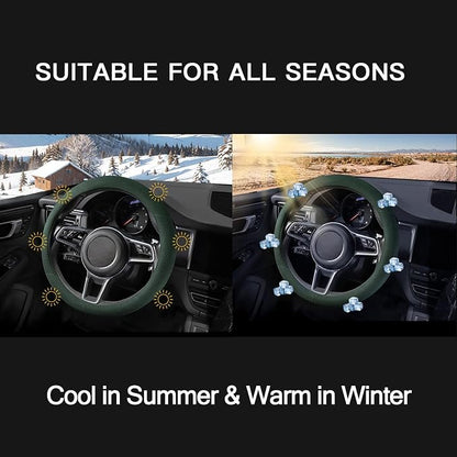 Suede Steering Wheel Cover with Upgraded Silicone Inner Ring, Breathable, Anti-Slip, Leather Universal 14.5 to 15 Inch Steering Wheel Cover (Green with Embossing Pattern)