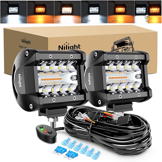 Nilight Amber White LED Pod Lights 4 Inch 6 Modes with Memory Function,Constant / Flash Off Road Driving Lights with Wiring Harness, Spot Flood Combo Beam Auxiliary Lights for Truck Jeep SUV ATV UTV