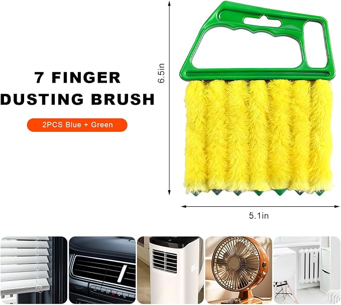 2 PCS Blind Cleaner Duster Tool, 7 Finger Handheld Duster Window Shutters Dusting Cleaner Brush, Washable Mini Blinds Dust Cleaning Tools for Car Air Conditioner Vent (Blue+Green)
