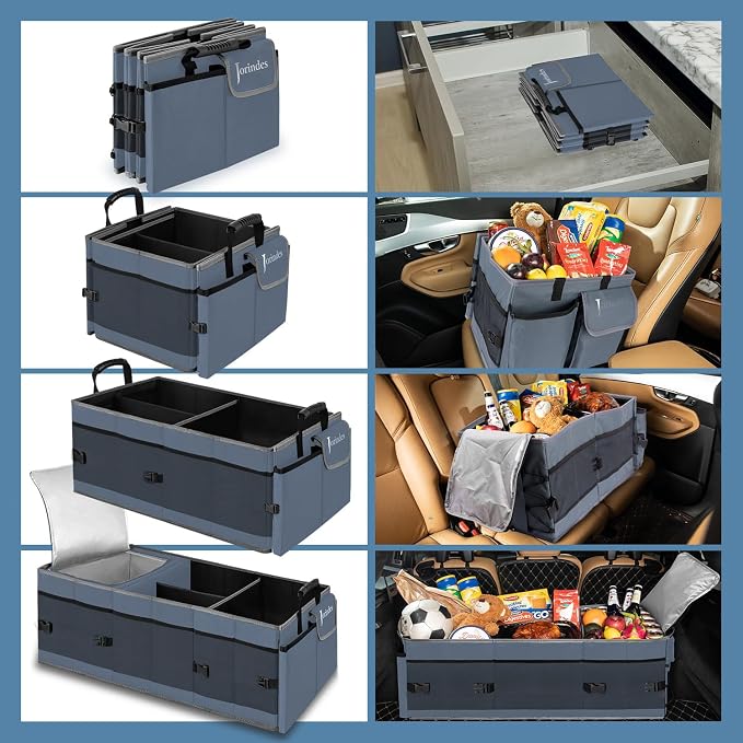 Trunk Organizer with Built-in Insulated Leak Proof Cooler Bag,Collapsible Cargo Organizer for SUV with Non Slip Bottom Strips,3 Large Compartments Foldable Waterproof Portable Car Storage Box XL