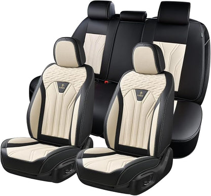 FLORICH Rear Automotive Seat Covers Leather Car Seat Covers Waterproof Back Seat Cover Universal Seat Cushion Protector for Most Cars Trucks SUV-Black&Beige