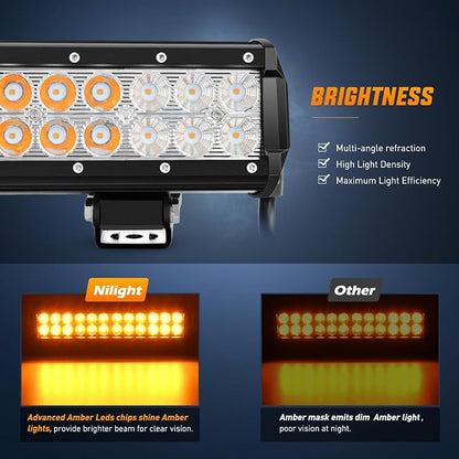 Nilight LED Light Bar 12 Inch 72W Spot Flood Combo Amber Beam Off Road Lamp Fishing Hunting Emergency Deck Work Lighting for Trucks UTV Pick-up Van Boat Tractor