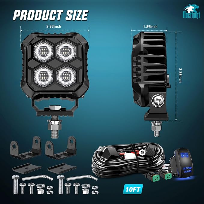 Nilight LED Pod Light 2 PCS 2.8 Inch 20 W 4 LED Square Hyper Flood Beam Driving Offroad Lights w/18AWG Rocker Switch Wiring Harness Kit for Truck Motorbike Boat ATV UTV SUV