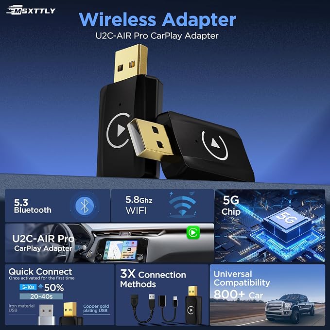 MSXTTLY Wireless Carplay Adapter, Mini Dongle for Apple for iPhone, Seamless Connection for Convert Wired to Wireless Car Play Adapter, No Latency for iOS 10+, OEM Wired Car Model 2017+, Deep Black