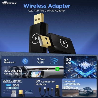 MSXTTLY Wireless Carplay Adapter, Mini Dongle for Apple for iPhone, Seamless Connection for Convert Wired to Wireless Car Play Adapter, No Latency for iOS 10+, OEM Wired Car Model 2017+, Deep Black