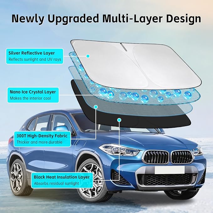 Windshield Sun Shade for BMW X2 2018-2026 Sunshade 300T Windshield Cover Shield Protector Blocks UV Rays Custom Fit X2 Front Window Shades Windshield Accessories Keep Cool Foldable