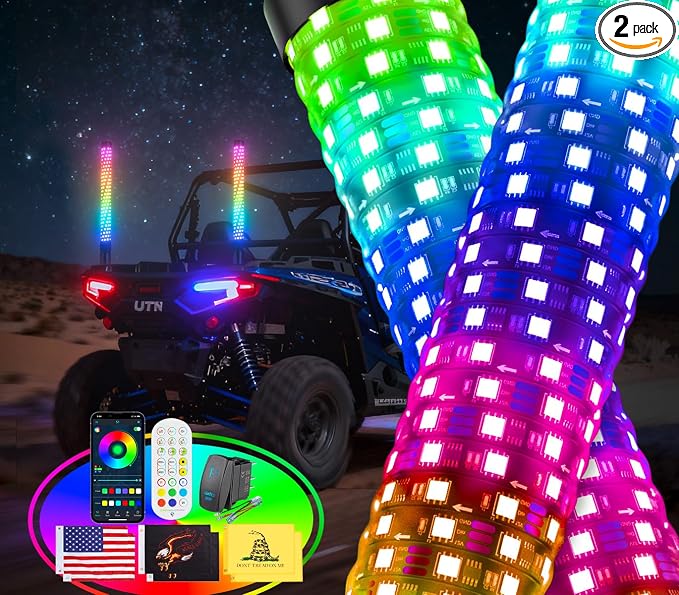 Ehaho 2PCS 4FT Fat Whip Lights for UTV ATV, Led Fatty Whip Light W/Rocker Switch & 6 Flags, Brighter Spiral Chasing Lighted Antenna Whip with APP & Remote Control for RZR SXS