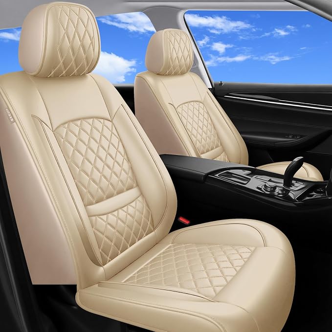 Car Seat Covers Compatible with Hyundai Santa Fe 2009-2025 2026- Full Set 5 Seats Luxury Leather All-Weather Seat Cushions & Protectors, Waterproof & Breathable, Airbag Compatible (Beige)