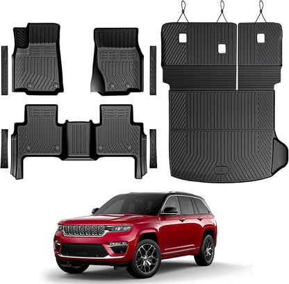 Floor Mats Set for 2022-2025 2026 Jeep Grand Cherokee Accessories, Full Coverage All Weather Floor Mats Cargo Mat with Backrest Protectors & Door Sill Guards (Include 4xe Not for L or WK)
