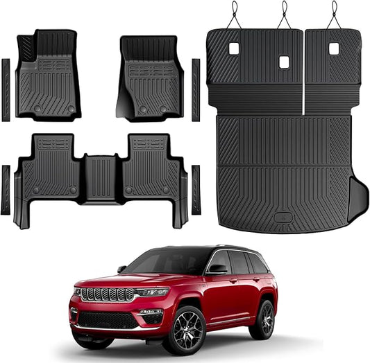 Floor Mats Set for 2022-2025 2026 Jeep Grand Cherokee Accessories, Full Coverage All Weather Floor Mats Cargo Mat with Backrest Protectors & Door Sill Guards (Include 4xe Not for L or WK)