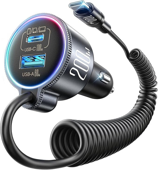 200W Car Charger USB C Fast Charge, PD100W Fast Car Charger Type C, PD3.0/QC4.0/PPS Cigarette Lighter Phone Adapter for iPhone 17 16 15 ProMax, MacBook Pro Air Laptop, Samsung S26/S25, Pixel, iPad Pro
