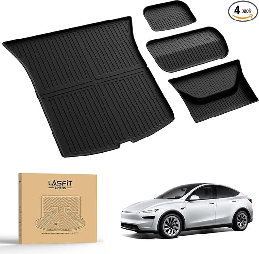 LASFIT 4PCS Front, Rear Trunk Mat & Cargo Mat for Tesla Model Y Juniper 2025 2026, Custom Fit TPE All Weather Cargo Liners Accessories (Not Fit Standard Range)