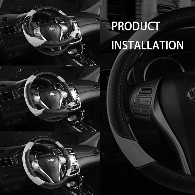 Leather Car Steering Wheel Cover, Non-Slip Car Wheel Cover Protector Breathable Microfiber Leather Universal Fit for Most Cars(Grey)