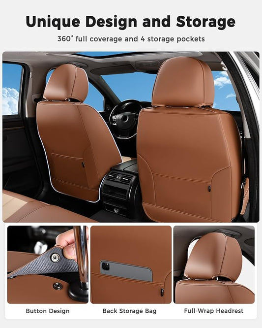 Huidasource Seat Covers Full Set, Universal Fit for Most Cars SUVs Trucks, Full Coverage Leather Seat Cover, Airbag, Cupholder Compatible, Seat Function Retain, Easy Install with Velcro, Brown&Beige