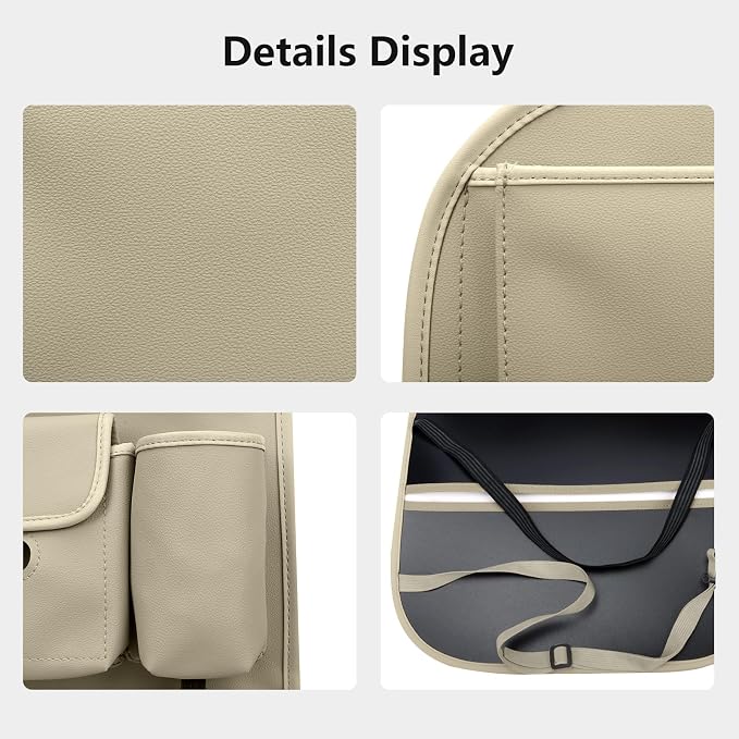 Viaviat Car Seat Organizers Waterproof Backseat Protector with Storage Pocket Large Leather Kick Mats for Kids Pets Automobile SUV Truck (Beige, Large Pocket)