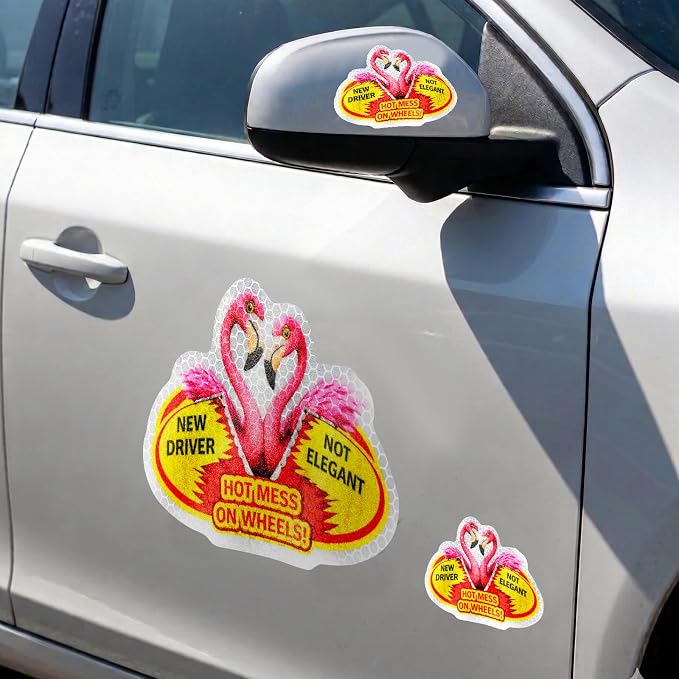 3 Pcs Reflective Student Driver Magnet and Stickers Set - Funny Animal New Driver Safety Signs for Car, Waterproof & Weatherproof High Visibility Vehicle Bumper Decals, Magnet + Stickers (Flamingo)