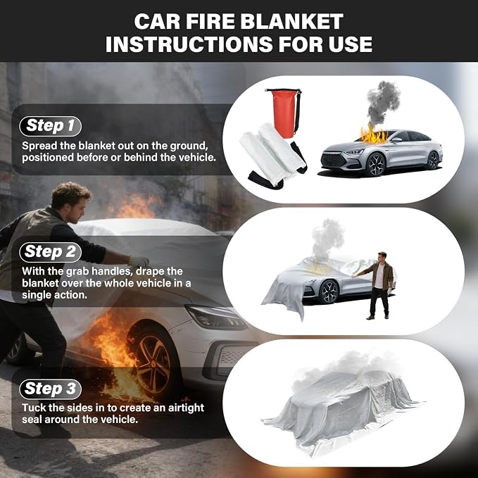 19.6 x 13.1 FT Car Fires Blanket EV Battery Thermal Runaway Cover with Heat‑Resistant Gloves Storage Pouch Oxygen Blocking for Automotive Emergencys & Roadside Safety