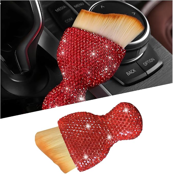 Bling Car Detailing Brush, Crystal Rhinestone Non-Scratch Vehicle Cleaning Dust Brush for Air Vent & Dashboard, Soft Bristles Automotive Interior Cleaning Tool, Universal Fit (Red)