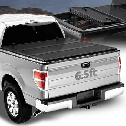 Auto Dynasty FRP Hard Tri-Fold Truck Bed Tonneau Cover Compatible with 2004-2014 Ford F-150 6.5Ft/78Inch Fleetside Bed, Black Powdercoated