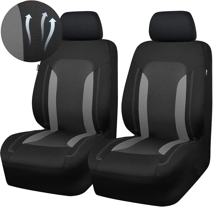 CAR PASS 3D Air Mesh Car Seat Covers Front Seats Low Back Bucket, Breathable Sporty Mesh in Summer Airbag Compatible Universal Fit 95% Automotive SUV,Truck,Sedan Interior Protector, Black Gray 2PCS