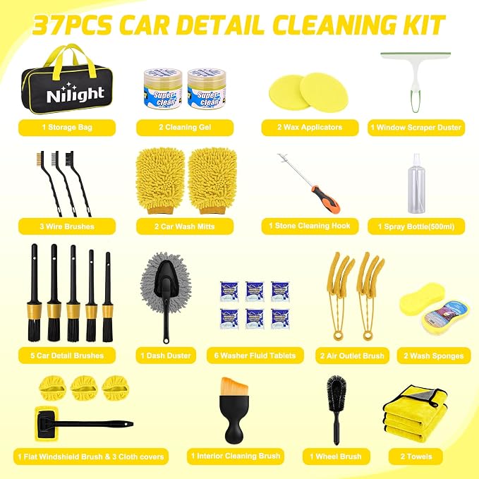 Nilight 37PCS Car Detailing Kit Auto Cleaning Tools Wash Set with Storage Carry Bag Home Use for Interior Exterior Deep Clean Car Care Windshield Dashboard Seat Air Vents Wheels Tires, Yellow