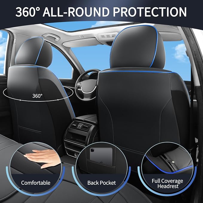 Car Seat Covers Full Set, Leather Seat Covers for Cars, Waterproof Car Seat Protector,Non-Slip Car Interior Covers ，Automotive Seat Covers for Most Cars SUVs, Blue Black