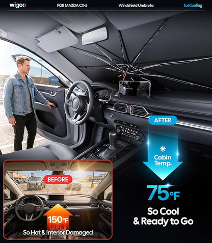 Wigoo Windshield Sun Shade Umbrella for Mazda CX-5 2017-2026 [100% Sun Blockage, Ice Cooling Fabric] Foldable Heat Insulation Front Window Sunshade Umbrella for Mazda CX-5 2017-2026