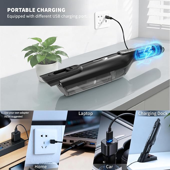 Cordless Handheld Vacuum, Lightweight Portable Hand Vacuum Cleaner with LED Light,Rechargeable Hand Held Vacuum with One-Touch Empty, Powerful Suction for Office, Home,Car, Coal