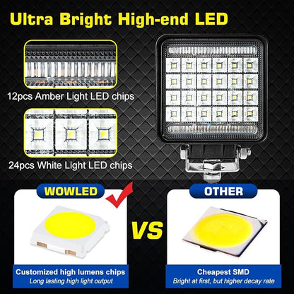 High-end Amber & White LED Pod Lights, 2 Pack 4.5inch Square Light Pods with Wiring Harness, 3 Mode Spot Flood Combo Offroad LED Work Lights 4x4, Strobe Fog Light for Truck Car ATV UTV Boat 12V