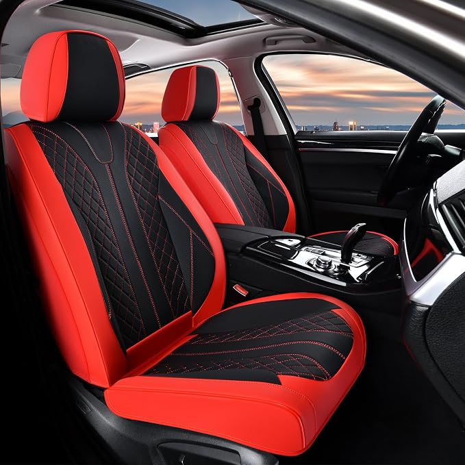 FLORICH Car Seat Covers Front Seats Luxury Faux Leather Waterproof Seat Covers Car Seat Protector Automotive Seat Covers Cushion Universal Fit for Most Cars SUV Trucks, Black&Red