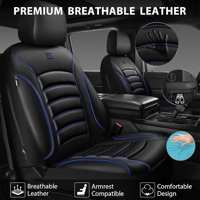 CAR PASS 3D Foam PU Leather Car Seat Covers, Universal Seat Covers Front 2 for Trucks SUV Sedan Automotive Seat Covers Armrest Airbag Compatible Waterproof Comfortable Faux Nappa Leather Black Blue