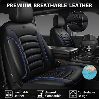 CAR PASS 3D Foam PU Leather Car Seat Covers, Universal Seat Covers Front 2 for Trucks SUV Sedan Automotive Seat Covers Armrest Airbag Compatible Waterproof Comfortable Faux Nappa Leather Black Blue