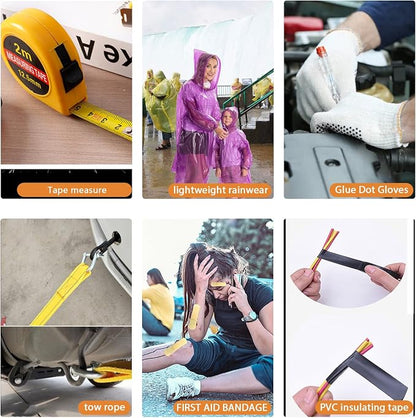 LIANXIN Emergency Car Kit with Jumper Cables Headlamp Car Safety Kits Pale | Roadside Car Emergency Kit Tow Straps, Tape Measure, Rainwear, Multi-tool Kit, Breakdowns Gifts for New Drivers