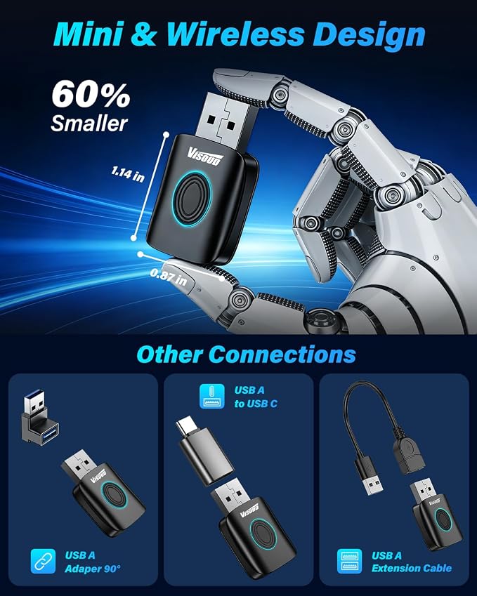 2026 One-Click Disconnect Bluetooth Carplay Adapter, A9 Chip, 3s Auto Connect, WiFi5.8 BT5.8, Wired to Wireless, Dual Phone Switching, iOS10+/Android 10+, Fits OEM Wired CarPlay Cars