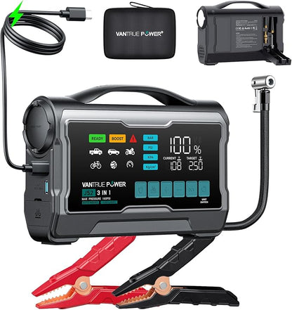 JS2 2500A Jump Starter with 160PSI Air Compressor, 12V Car Battery Booster with Display, Support 65W Charging Power Bank, Nozzles Storage Compartment- for 8L Gas/7L Diesel Engines