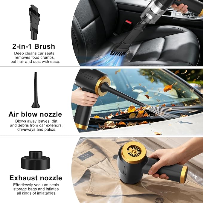 3-in-1 Cordless Handheld Vacuum Cleaner, 10KPa Car Vacuum and Air Duster,Type-C Rechargeable with Washable HEPA Filter and LED Light for Car Interior,Home,Office and Pet Hair