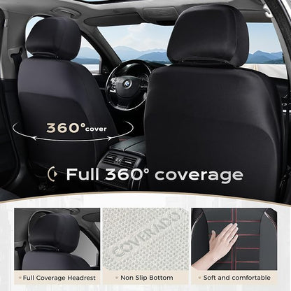Coverado Front Seat Leather Covers, Full Leather Construction with Carbon Fibre Weave, Universal Fit for Most Cars SUV Trucks (Redline)