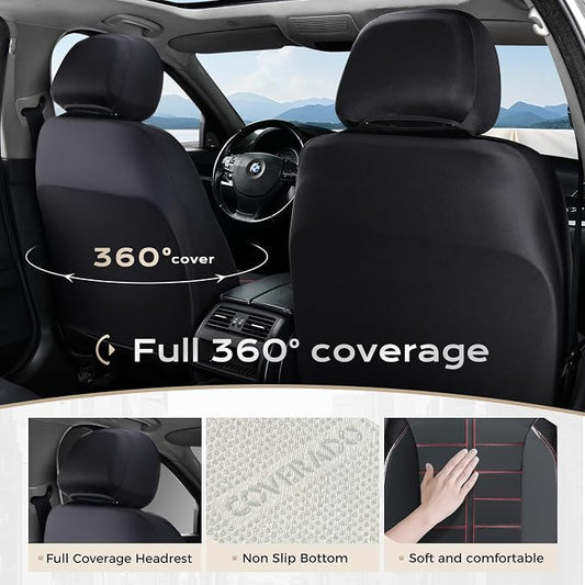 Coverado Front Seat Leather Covers, Full Leather Construction with Carbon Fibre Weave, Universal Fit for Most Cars SUV Trucks (Redline)