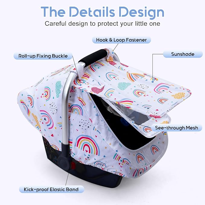 Car Seat Cover Baby Girls, Infant Car Seat Cover for Outdoor, Breathable Carseat Cover with Privacy Sun Shade & Mesh Window for Summer, Easy Access Baby Carrier Cover Fit Baby Stroller