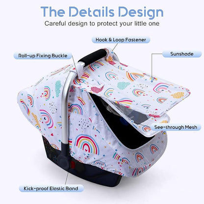 Car Seat Cover Baby Girls, Infant Car Seat Cover for Outdoor, Breathable Carseat Cover with Privacy Sun Shade & Mesh Window for Summer, Easy Access Baby Carrier Cover Fit Baby Stroller
