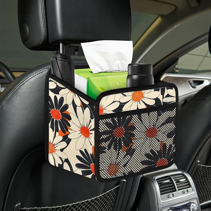 Car Backseat Organizer, PU Leather Back of Seat Cars Hanging Organizer with Pockets Leakproof Car Garbage Bag Hanging Cars Seat Storage Box Travel Accessories Foldable (Flower Orange)
