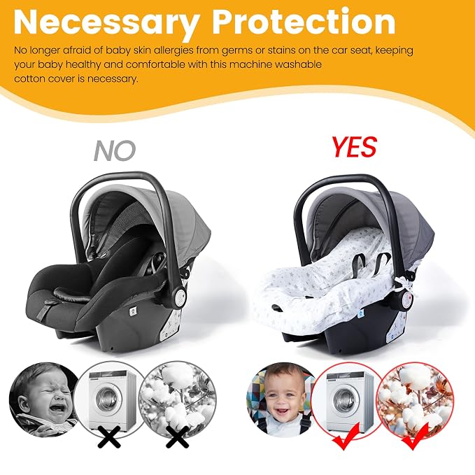 Orzbow Infant Car Seat Cover Liner, 100% Cotton Newborn Carseat Protective Cover, Breathable Prevent Wear & Dirt Suitable Travel Systems (0-12m), Easy to Clean, Machine Washable, White