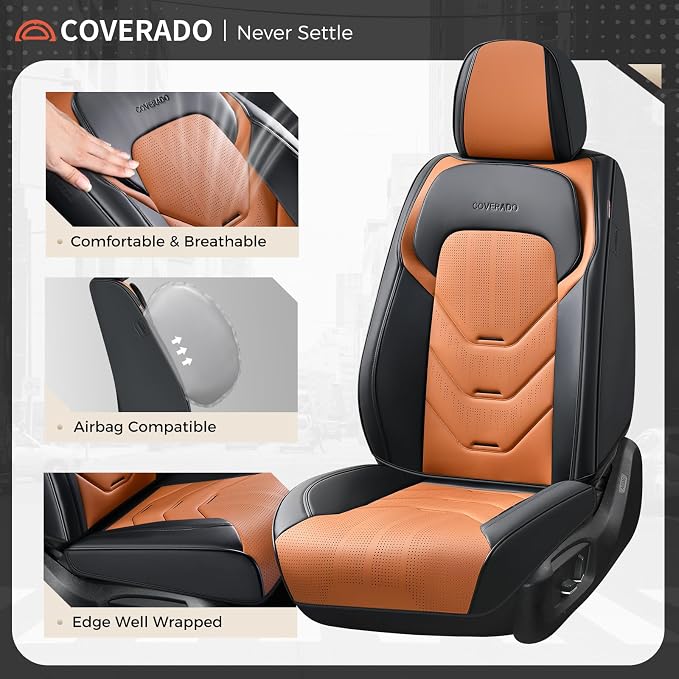 Coverado Front and Back Seat Cover, 5 Seat Leather Car Seat Covers, Black&Brown Seat Cover for Cars, Waterproof Car Seat Protector, Automotive Seat Cover, Car Seat Cushion Universal Fit for Most Cars