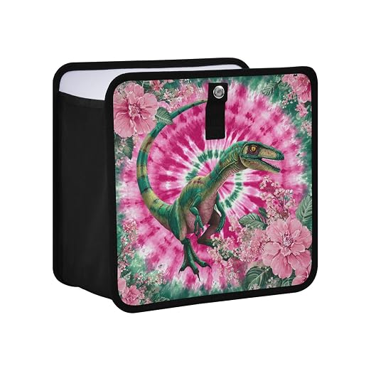 Car Trash Can Organizer Bin with Adjustable Strap for Back Front Seat Console Waterproof Leakproof Collapsible Portable 11 Inch Tie Dye Dinosaur Pink Green