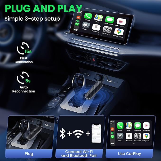 2-in-1 Wireless CarPlay & Android Auto Adapter Convert Wired to Wireless Instantly-Plug & Play for iPhone & Android,No Delay,Compact Design for iPhone & with USB/USB-C Port